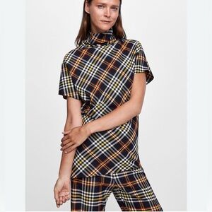 Zara Multicolor Plaid Turtleneck Tunic Top